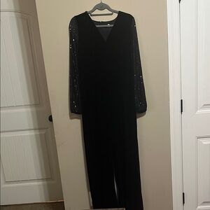 Cato Black Velvet Jumpsuit with Sequin Sheer Sleeves